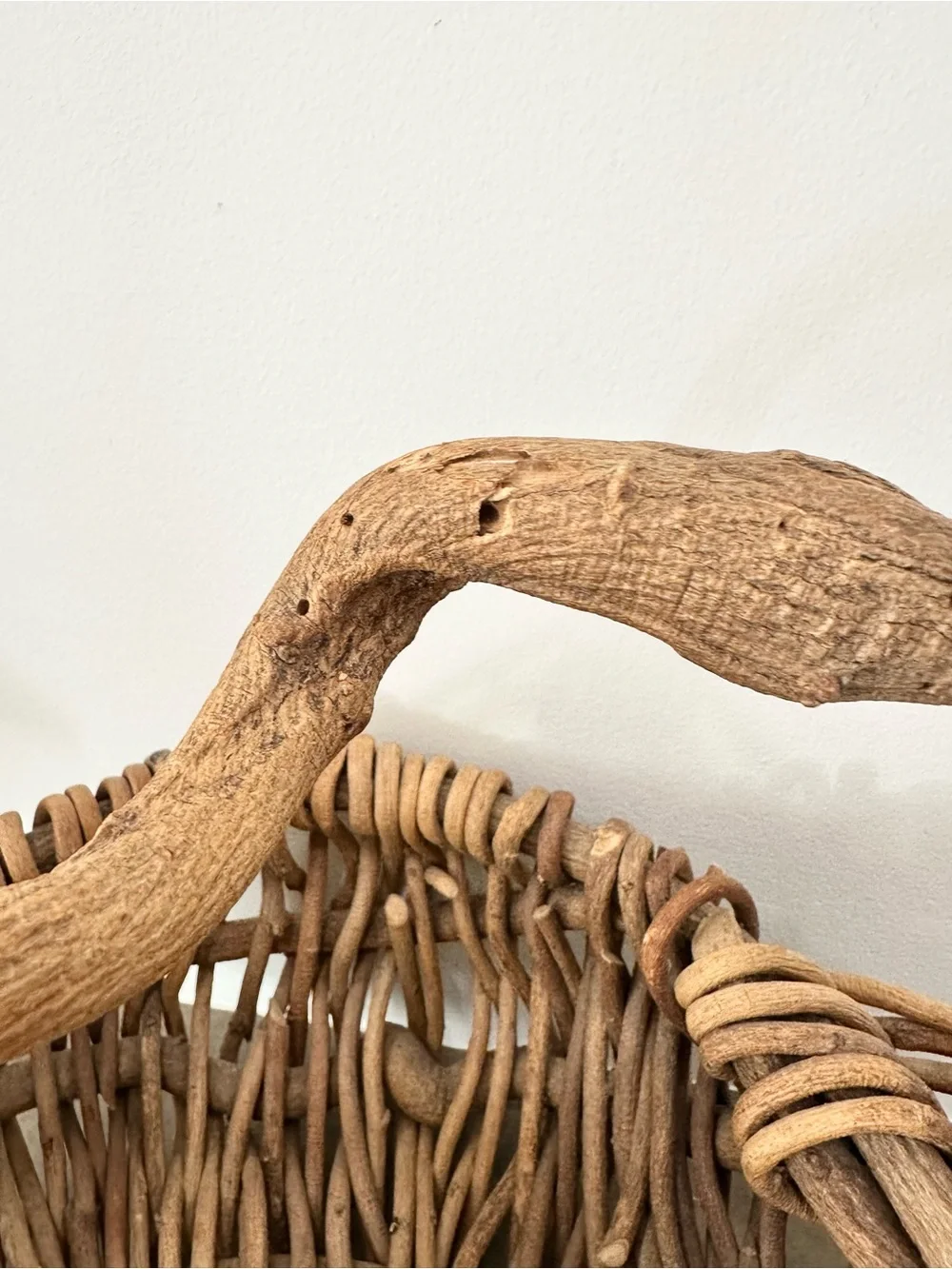 Primitive Natural Woven Thick Vine Basket with Handle - Tan Asymmetrical Gather